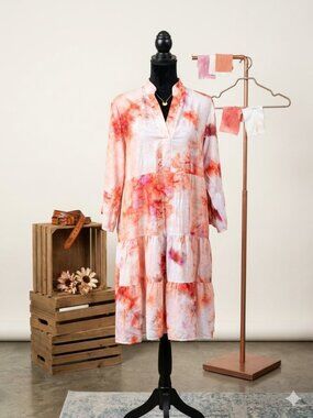 Pink White Tie Dye Dress Cotton Casual Summer Dress Size M